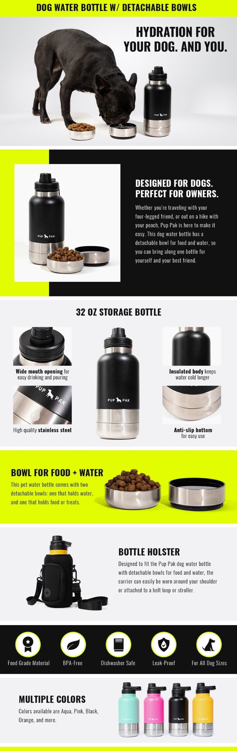 Pup Pak dog water bottle features a 32 oz stainless steel body with wide mouth opening, insulation to keep water cold, and an anti-slip bottom. It includes detachable bowls for food and water, ideal for travel and outdoor activities. The holster can be worn or attached to a belt or stroller. Made from BPA-free, food-grade material, it's dishwasher safe and leak-proof. Available in multiple colors: Aqua, Pink, Black, Orange, and more.