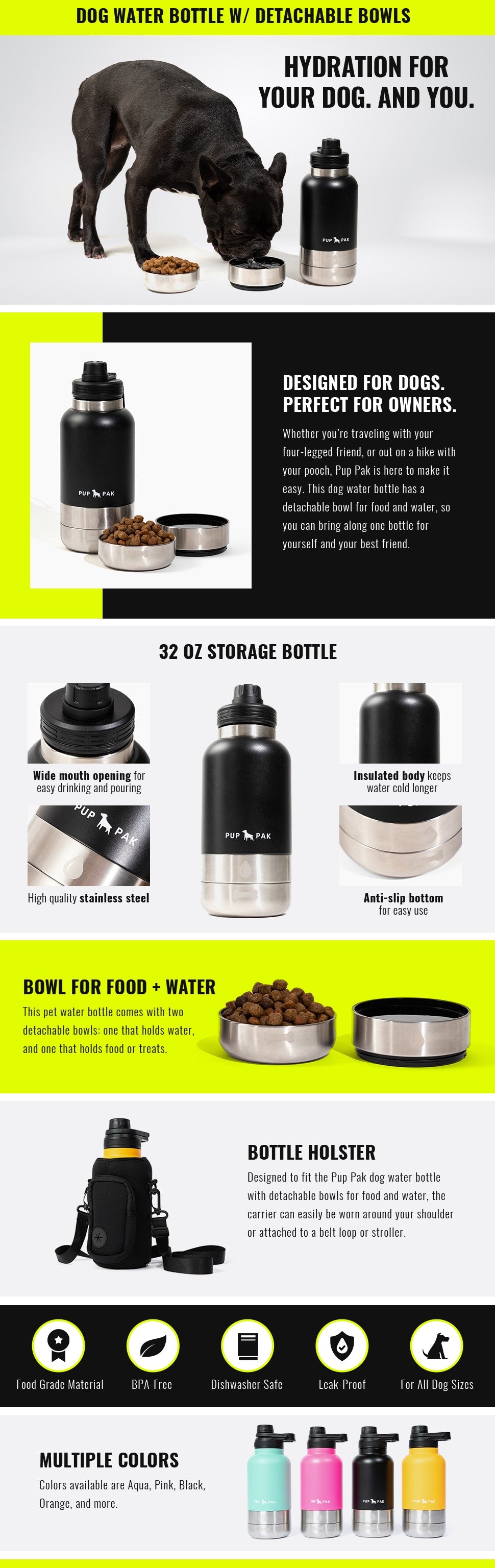 Pup Pak dog water bottle features a 32 oz stainless steel body with wide mouth opening, insulation to keep water cold, and an anti-slip bottom. It includes detachable bowls for food and water, ideal for travel and outdoor activities. The holster can be worn or attached to a belt or stroller. Made from BPA-free, food-grade material, it's dishwasher safe and leak-proof. Available in multiple colors: Aqua, Pink, Black, Orange, and more.